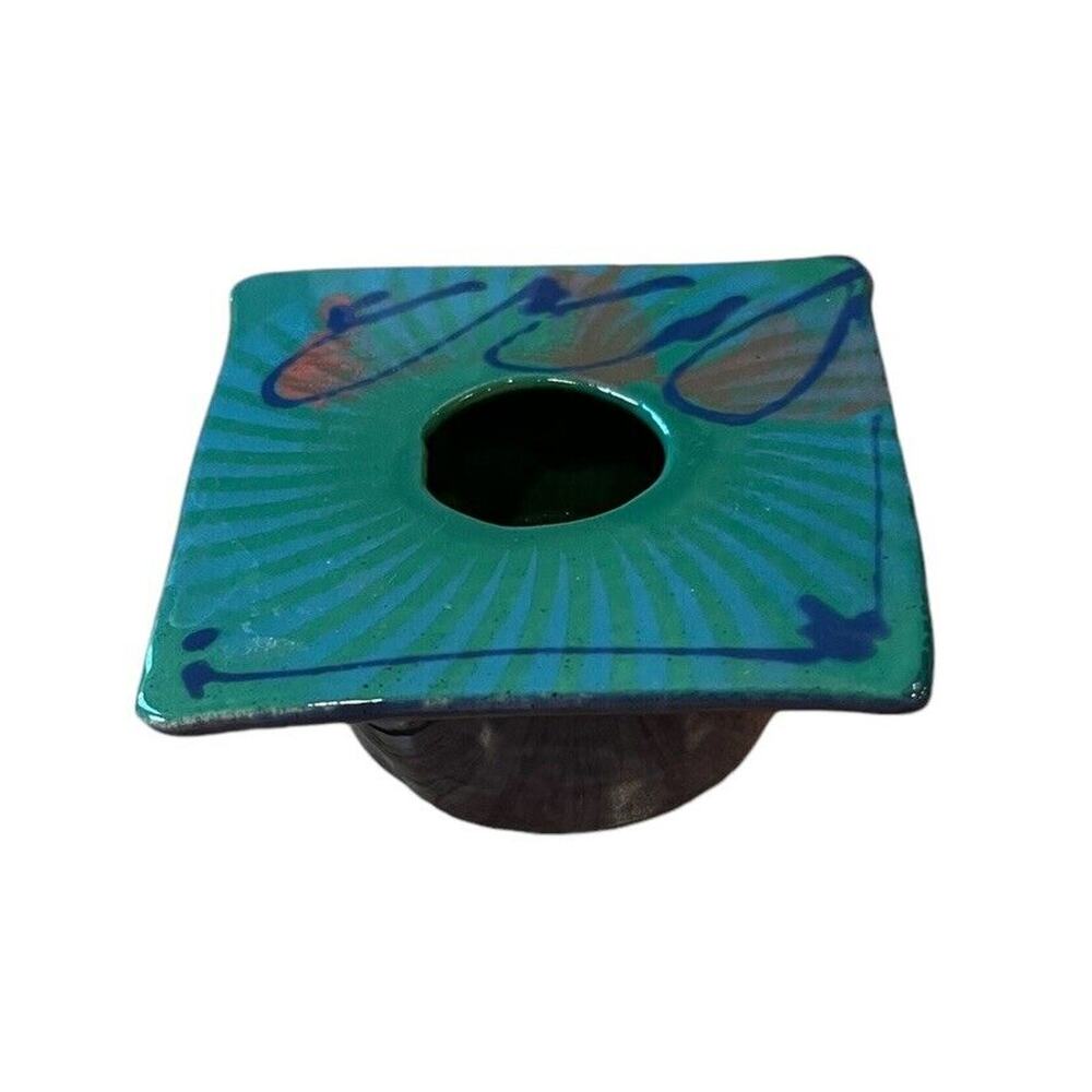 Studio Art Pottery Teal Blue Ceramic Flower Frog Signed One Of A Kind